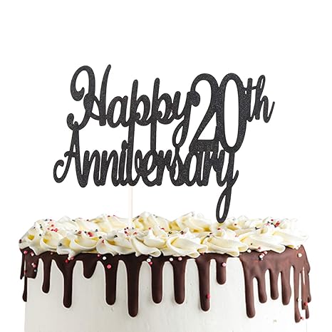 Happy 20th Anniversary Cake Topper Double Sided Black Glitter 20