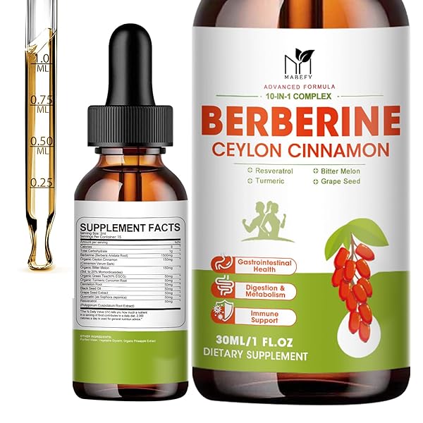 BERBERINE SUPPLEMENT LIQUID DROPS, BERBERINE 1500MG WITH CEYLON CINNAMON, TURMERIC, RESVERATROL, BITTER MELON, VEGAN SUPPLEMENT, SUPPORTS IMMUNE SYSTEM & DIGESTIVE SYSTEM – 2 FL OZ