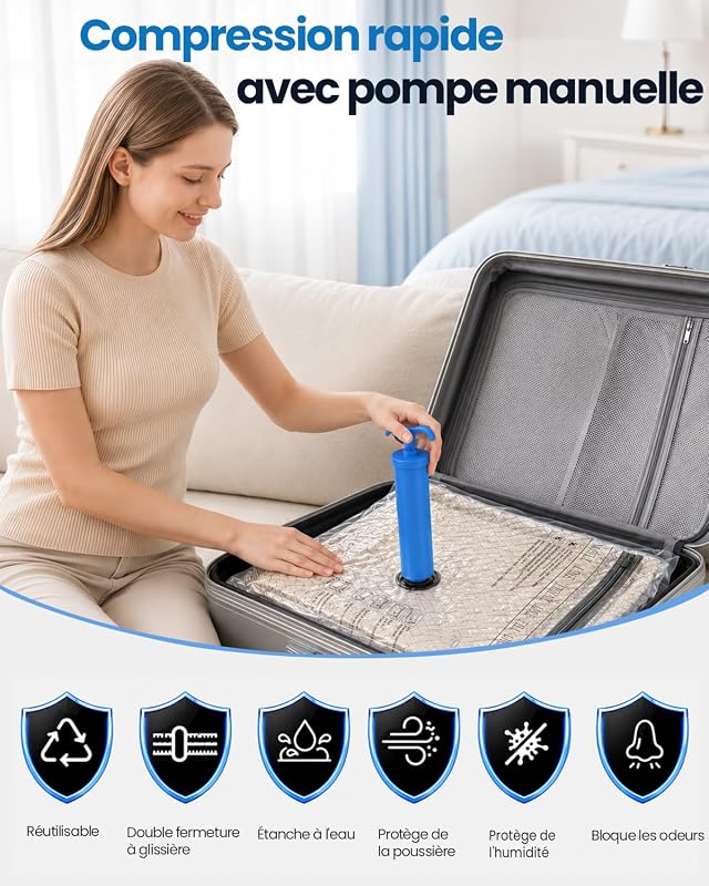 Sac sous Vide Vetement Aspirateur avec Pompe Manuelle, 4 Sac de Rangement sous (4 * 50x40cm), Vide Voyage, Déménagement