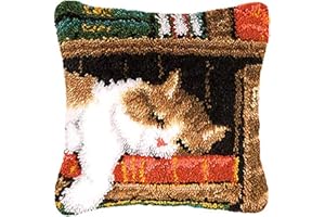 Gift2u Latch Hook Kits for DIY Throw Pillow Cover, 17x17in Color Printing Grid Latch Hook Pillow Kit, Cat Pattern Pillow Cover with Latch Hook Tool for Adults Making Crafts