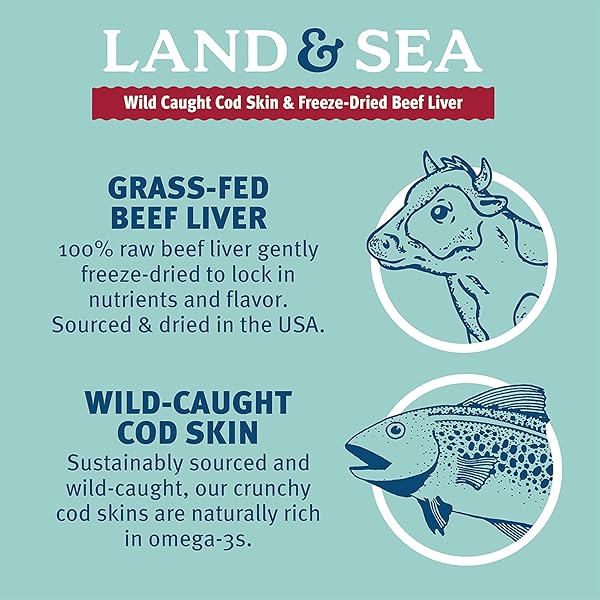 ICELANDIC+ LAND & SEA WILD CAUGHT COD SKIN & FREEZE-DRIED BEEF LIVER – 6.75OZ BAG, DOG TREAT & FOOD TOPPER, 2 INGREDIENTS, NO PRESERVATIVES, NATURAL