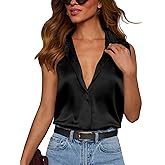 Plilima Womens Satin Button Down Shirts Sleeveless Silk Work Blouses Dressy Casual Tank Tops