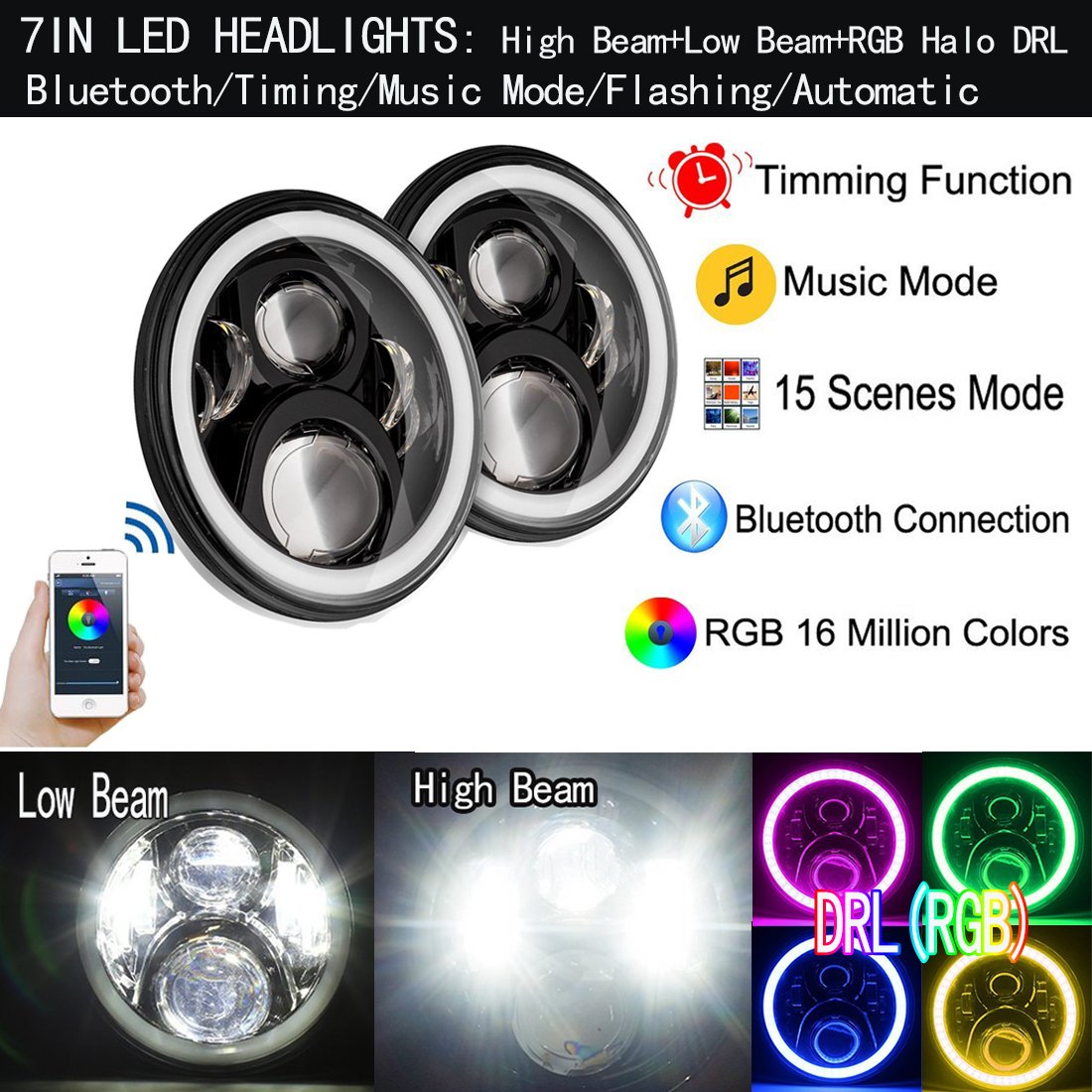 Amazon.com: 7 inch LED Headlights RGB Halo Round Bluetooth APP for Jeep  Wrangler Harley Hummer (2 PCS-RGB-DRL): Automotive