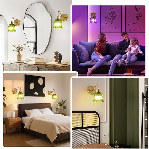 JERANDO VINTAGE BATTERY OPERATED WALL SCONCES SET OF TWO, RGB DIMMABLE LED WALL LIGHT WITH REMOTE CONTROL, GREEN GLASS LAMPSHADE WALL LAMP WITH 15 COLORS FOR BEDROOM, LIVING ROOM, HOME DECOR