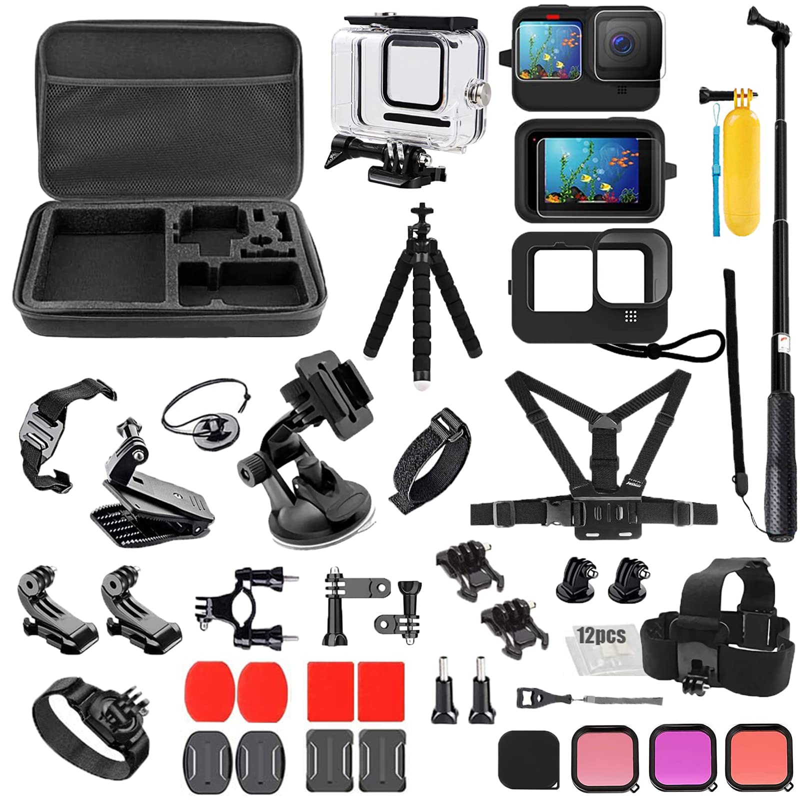 Pikioraz Accessories Kit for Go Pro, Accessory Bundle Compatible with Go Pro Hero 12 11 10 9, Black Action Camera Accessories for Hero