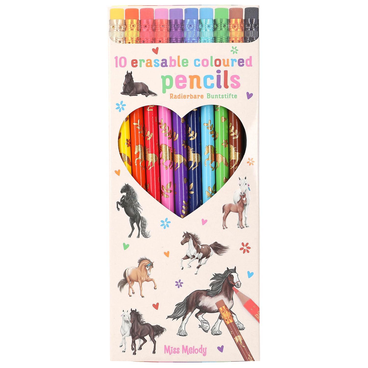 Depesche 12055 Miss Melody Colouring Pencils Set with 10 Colours in Case Includes Eraser Topper on Each Pen for Colouring at School and Leisure Yellow, Gold, Orange
