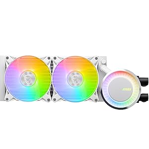 MSI MAG CORELIQUID E240 LIQUID COOLER (Bianco)- Piastra di raffreddamento in rame, ARGB Blockhead & ventole FDB, water block a 2 camere, radiatore split-flow, supporto Mystic Light – per AMD e Intel