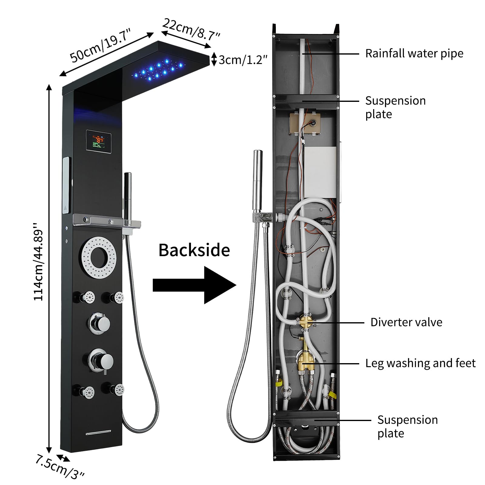 RUMOSE Matte Black Shower Panel Tower