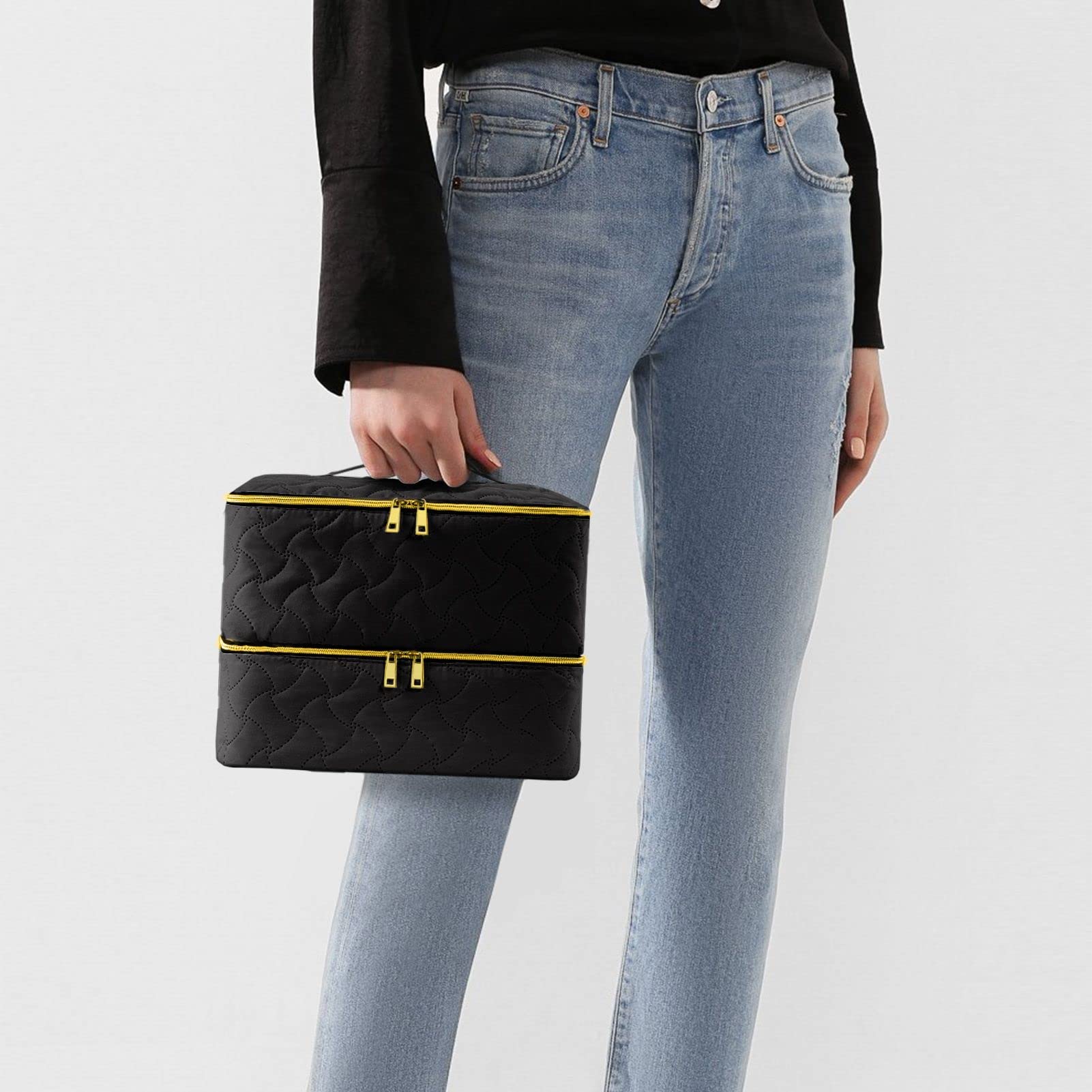 DreamGenius Nail Polish Organizer Case Holds 42 Bottles, Portable Double-Layer Nail Polish Storage Bag with Adjustable Dividers for Manicure Tools, Black