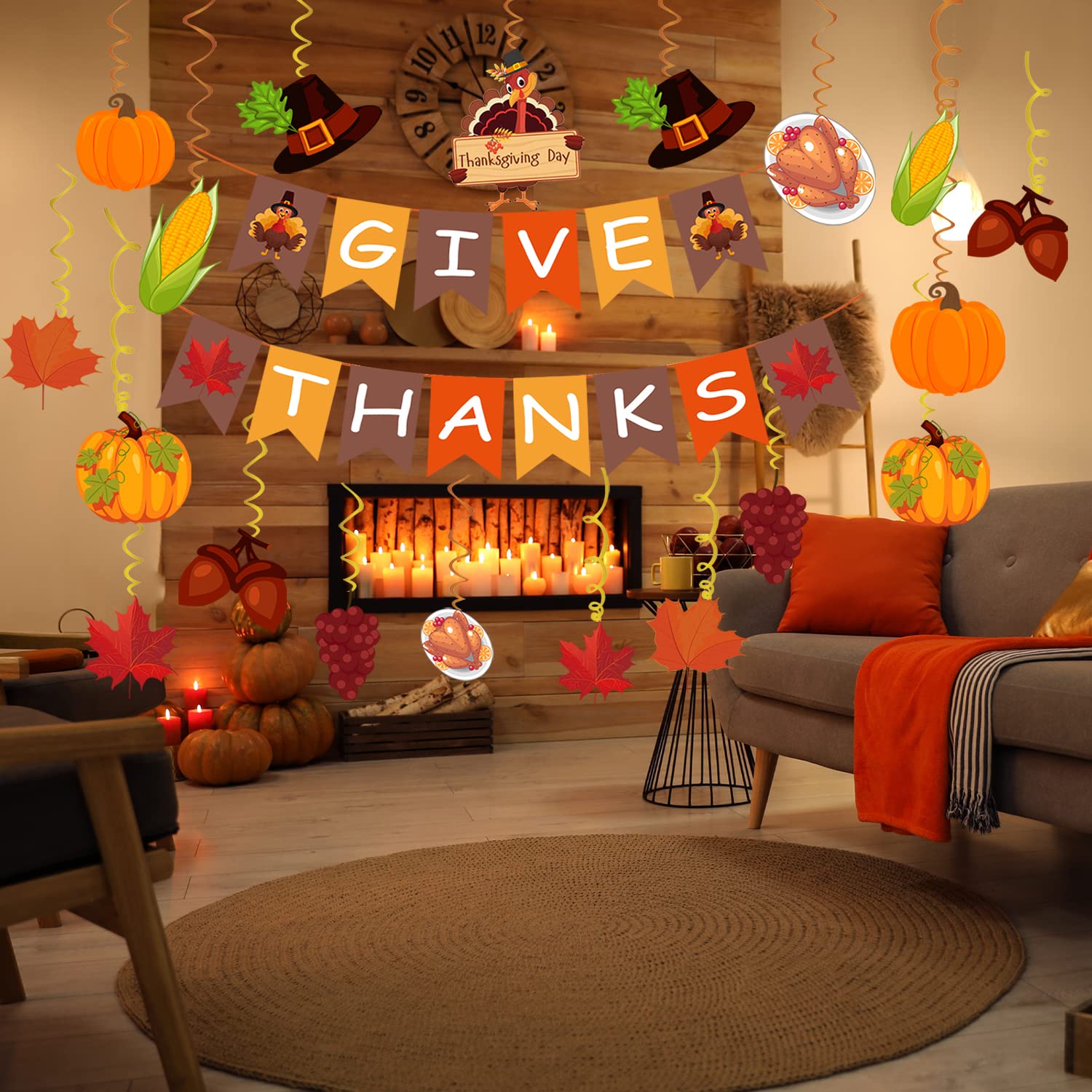 42Pcs Thanksgiving Decorations Pre-Assembled GIVE THANKS Banner Hanging Swirls for Indoor Home Party Office Classroom School Fall Decor