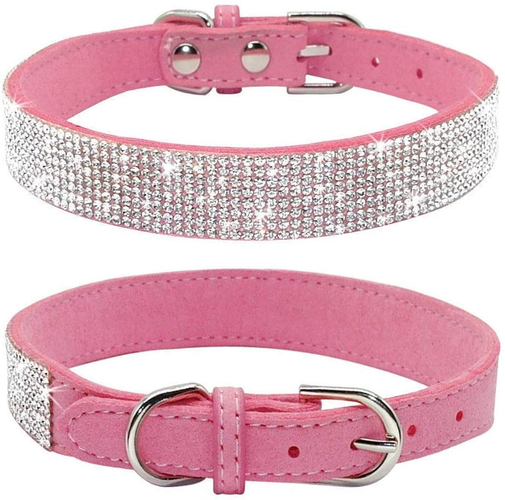 TELEYI Rhinestone Dog Collar, Cute Dazzling Sparkling Soft Suede Leather Dog Cat Rhinestone Collar Crystal Diamond Pet Dog Puppy Collar