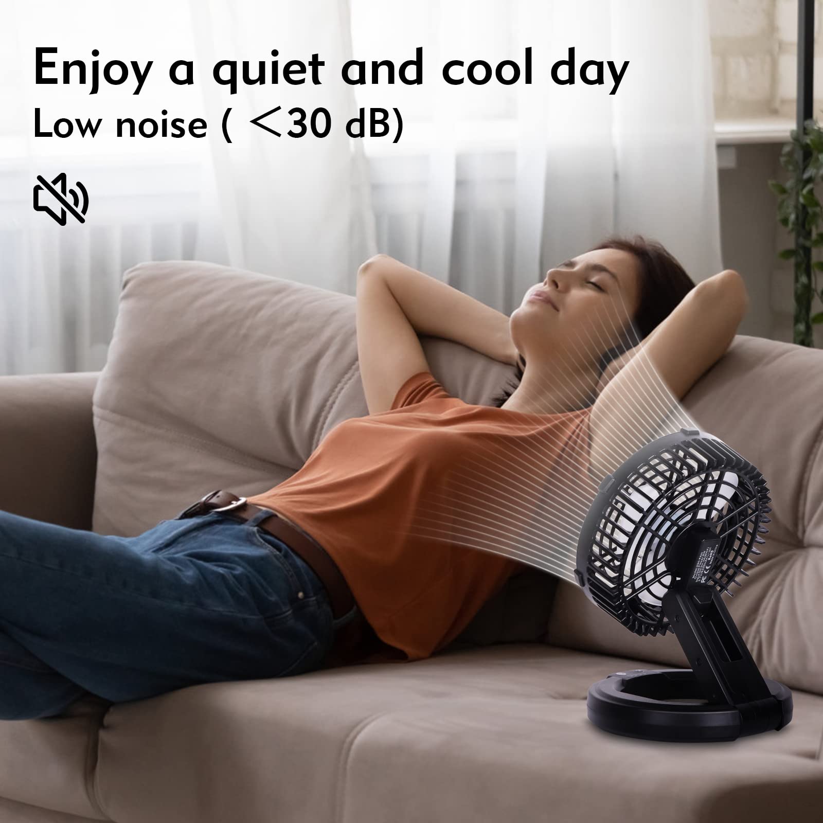 RUNTOP Portable Fan Battery Operated, Rechargeable Foldable Camping Fan with LED Light & Hanging Hook, USB Small Table Fans for Tents Travel, Home Office Bedroom,3 Speeds Battery Powered Desk Fans