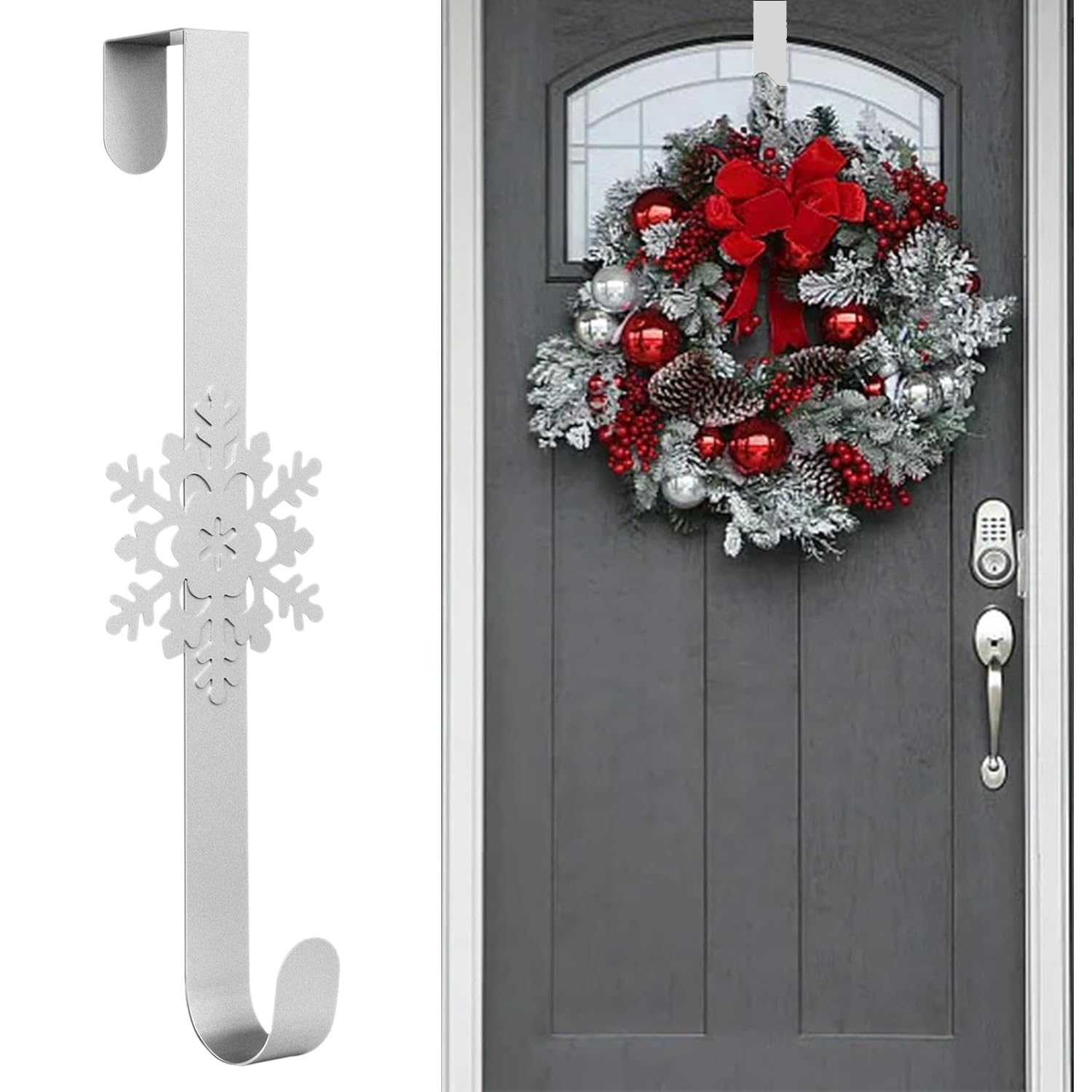 Wreath Hangers for Front Door, Christmas Wreath Hanger Door Wreath Hook Over The Door Hanger, Door Wreath Garland Hanger Metal Wreath Holder for Valentines Day Easter Front Door Decorations (Silver)