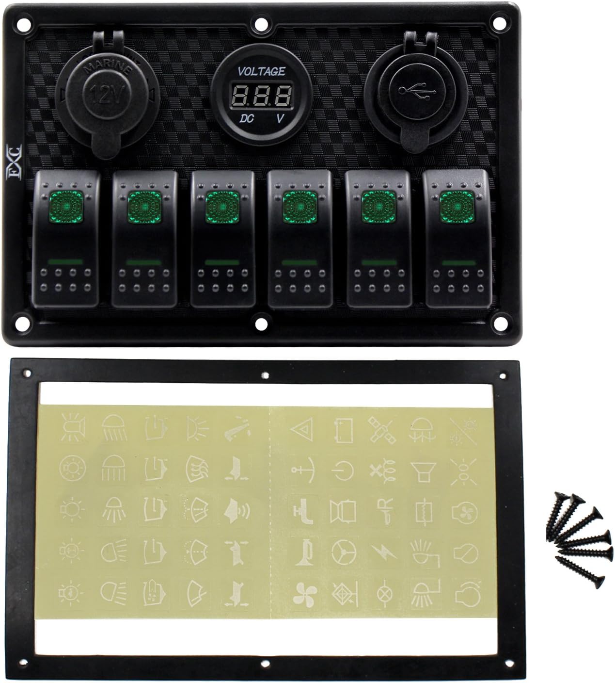 FXC Waterproof Marine Boat Rocker Switch Panel 6 Gang with Dual USB Slot Socket + Cigarette Lighter + Digital Voltage Display LED Light for Car Rv Vehicles Truck (6 Gang Green Light) : Sports & Outdoors