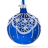White Flowers Blossoming on a Tranquil Azure Blue Glass Ball Christmas Ornament 3.25 Inches