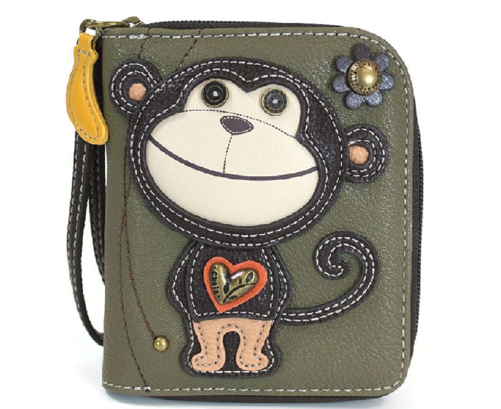 CHALA Zip Around Wallet, Wristlet, 8 Credit Card Slots, Sturdy Pu Leather - Monkey - Olive โ image 1