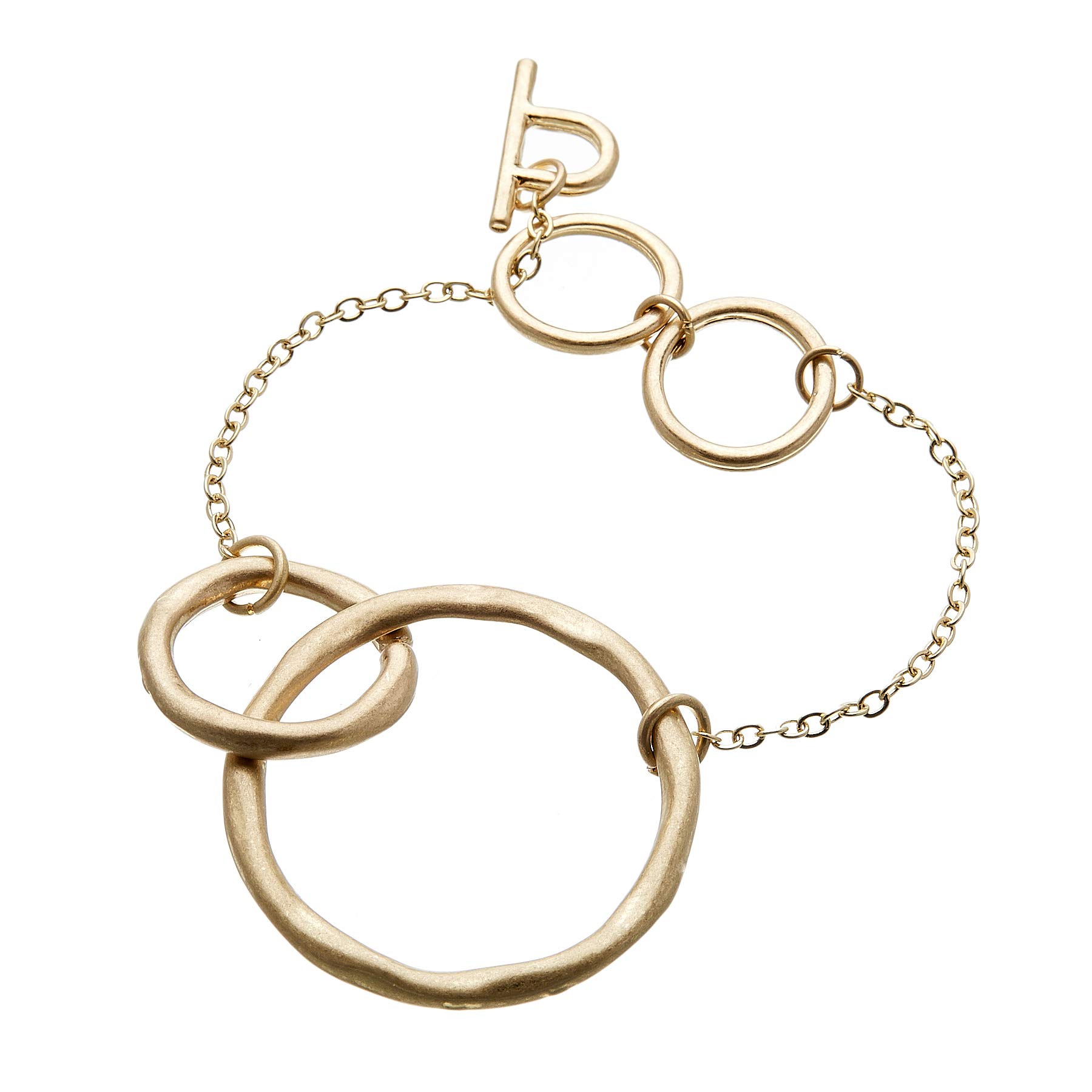 Bello London Matt gold plated T bar bracelet with chain linked connecting circles - Jamia