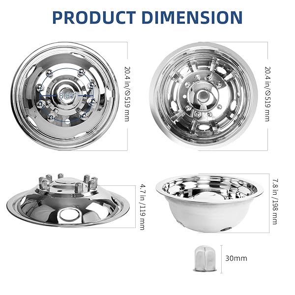 HIGHTALL 19.5 WHEEL SIMULATORS, 19.5″ 10 LUG STAINLESS STEEL HUBCAPS,POLISHED SURFACE,2PCS FRONT WHEEL/2PCS REAR WHEEL,BOLTS ON WHEEL COVER SET COMPATIBLE WITH FORD 2005-2025 F450/F550