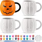 Zubebe 4 Sets Halloween Paint Your Own Mugs with Painting Kit, Pumpkin Pals | Halloween Ceramic to Paint, Jack-o'-lantern Pumpkin DIY Mugs Fall Thanksgiving Coffee Cup for Adult Family Holiday Craft Gift