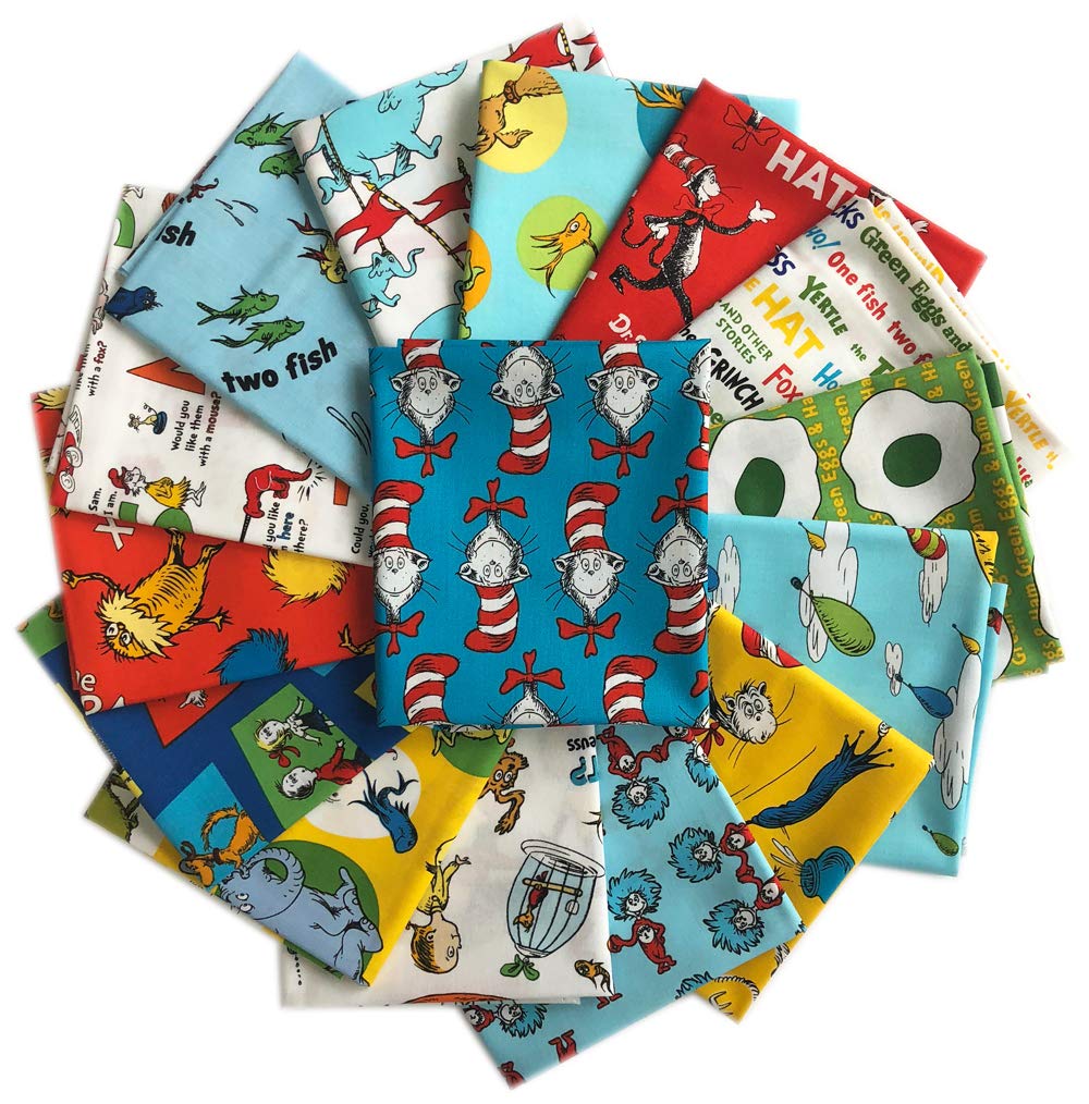 DR. Seuss Fat Quarter Fabric Bundle, 15 Pieces, Cat in The Hat Fabric, Robert Kaufman Precut