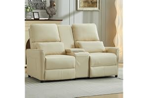 DRMBOOK RV Loveseat Recliner Sofa, Leather Double Wall Hugger Reclining Sofa with Console, Home Movie Theater Seating Chair with Cup Holder, 2 Person Push Back Recliner for Living Room, Beige