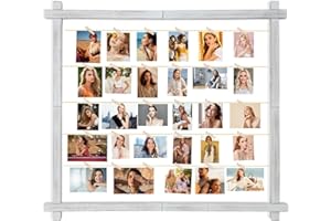 PHOENANCEE Photo Display Board With Clips,Picture Frame Collage for Wall Decor,Hanging Pictures Organizer Holder Wood for Graduation Party Letter Postcard Greeting Card,Pine,Adjustable Metal Bead String,Large