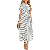 CUPSHE Women's Summer Striped Dresses Short Sleeve Tie Waist T Shirt Maxi Dress Casual Vacation Outfits