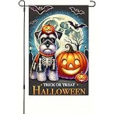 BlissYard Halloween Garden Flag - 12x18 Dog & Bat Flag with Schnauzer in Skeleton Costume, Pumpkins & Full Moon Trick or Treat Outdoor Yard Lawn Decoration