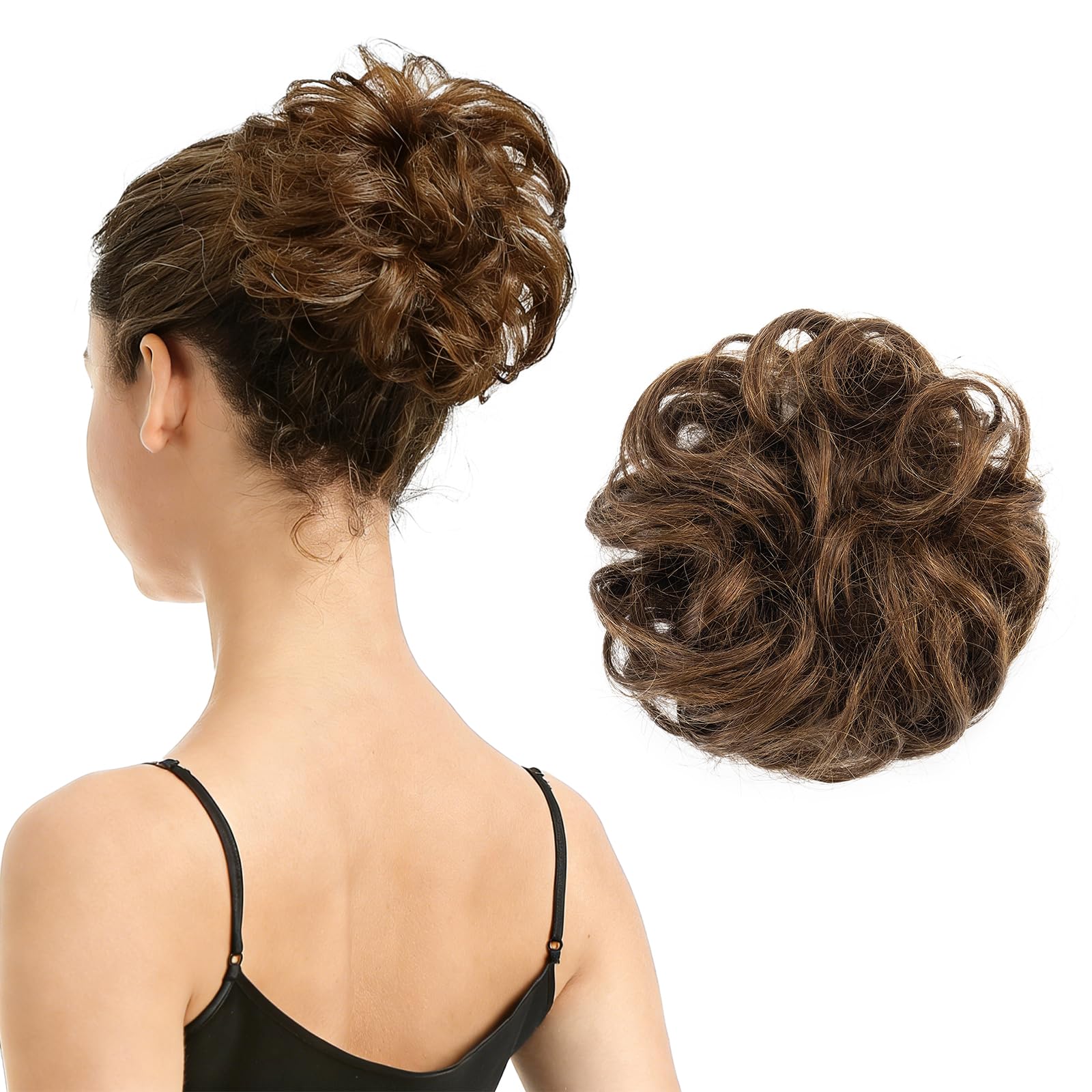 100% Human Hair Scrunchies, BARSDAR Curly Messy Bun Hairpiece Extensions Wedding Hair Pieces for Women Messy Bun Real Hair Updo Donut Chignons 6#-Medium Chestnut Brown