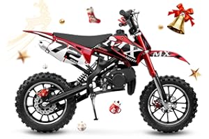 MX moto Gas Powered 49cc Dirt Bike, 24 MPH Max, Dual Suspension, Front/Rear Disc Brakes, Simple Pull Start, Trail Motorcycle Red