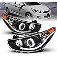 AmeriLite Black Projector Replacement Headlights LED Bar Halo Set For Hyundai Accent 4 Door/Hatchback - Passenger and Driver Side