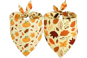 Doncida Fall Dog Bandanas 2 Pack, 4 Pattern Reversible Triangle Fall Pumpkins Autumn Leaves Thanksgiving Scarf for Large and X-Large Dogs, Premium Durable Fabric Bibs for Pets (X-Large)
