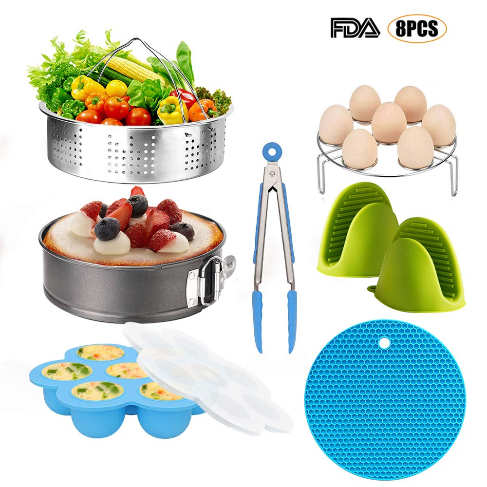 Pressure Cooker Accessories Set Steamer Basket, Egg Bites Mold, Egg Rack, Silicone Mini Oven Mitts, Food Tong, Insulation pads, Springform Pan Fits for 6/8 Qt IP Pot Models (8pcs)