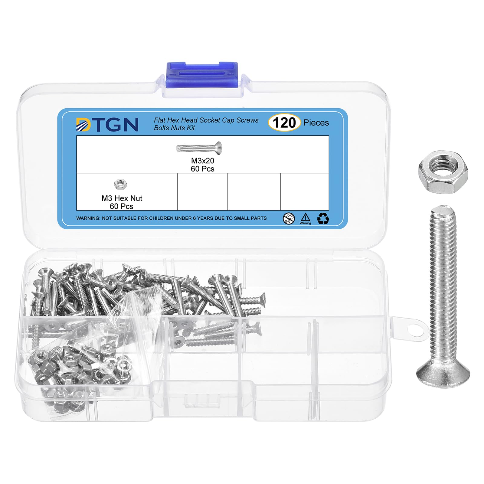 DTGN 120Pcs M3-0.5 x 20mm Flat Head Hex Socket Cap Screws Bolts Nuts Kit, 304 Stainless Steel Round Flat Metric Machine Screws, Full Thread