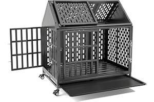 Huddycove 38 Inch Heavy Duty Dog Crate with Self-Locking Latch for High Anxiety Dogs, Indestructible Large Kennel Indoor with Pointed Roof, Removable Trays and Lockable Wheels, Chew Proof Cage