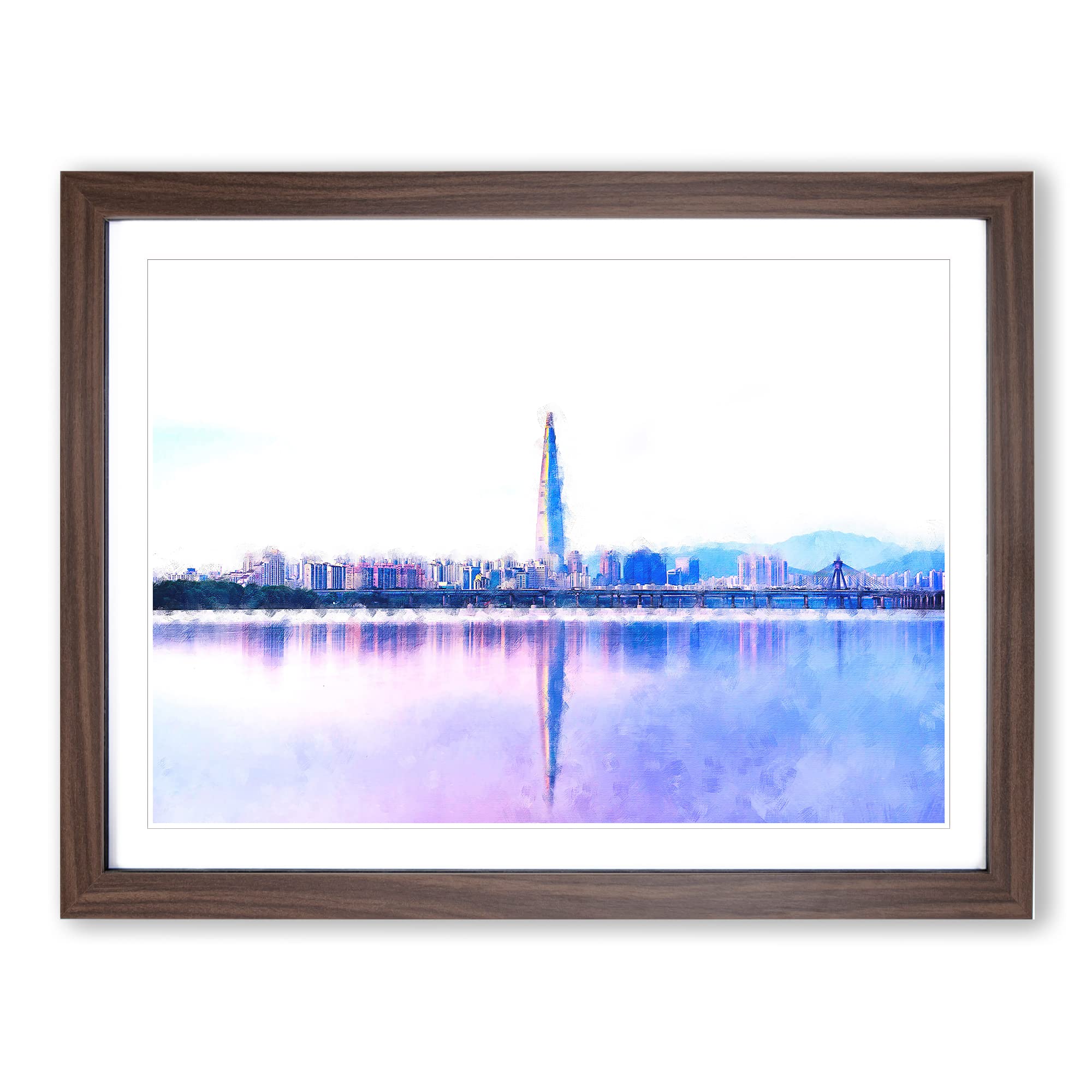 Seoul Skyline In South Korea Painting Modern Art Framed Wall Art Print, Ready to Hang Picture for Living Room Bedroom Home Office Décor, Walnut A3 (46 x 34 cm)