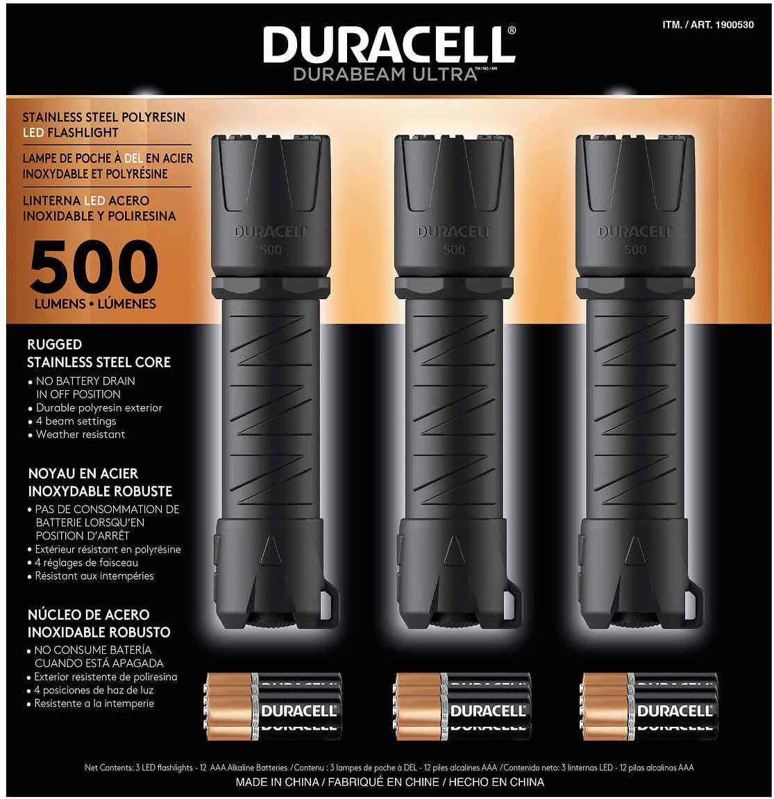 Duracell Durabeam Ultra LED Flashlight 500 Lumens, 3 Count: Sports & Outdoors