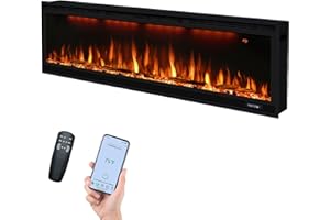 DREAMFLAME 60 inch Smart Linear Electric Fireplace, Recessed and Wall Mounted Fireplace Inserts with Remote Control, Adjustable Flame Color, Lights, Temperature, Overheating Protection& Timer, 750W/1500W, Black