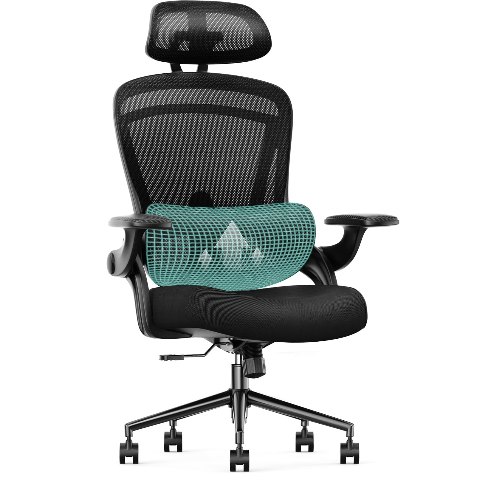 Sweetcrispy Ergonomic Home Office Desk Chair, 300 LBS High Back Mesh Gaming Office Chairs with Wheels, 2D Headrest, Up&Down Lumbar Support, Swivel Computer Chair with Flip-up Armrests,Dark Black Image