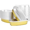 Beasea Oval Cheesecake Pan, 6 Inch 50 Pack Oval Cake Pan with Lids, Golden Disposable Mini Bread Loaf Pans Ellipse Cheese Cake Pan Aluminum Pans Meat Bakeware for Oven Baking