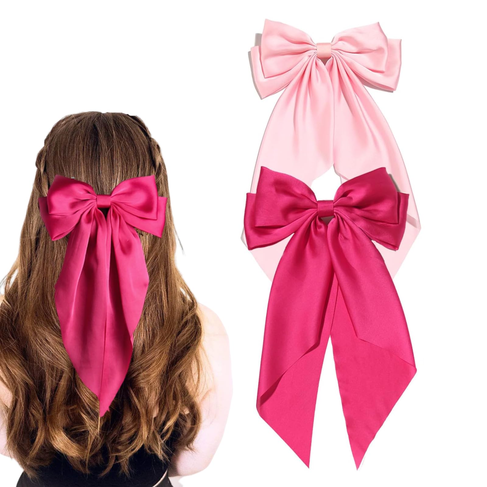 2 PCS Big Bow Hair Clips, Large Bowknot Hairpin French Hair Clips with Long Silky Satin Ribbon Solid Color Hair Barrettes Accessories for Women Girls (Pink+Hot Pink)