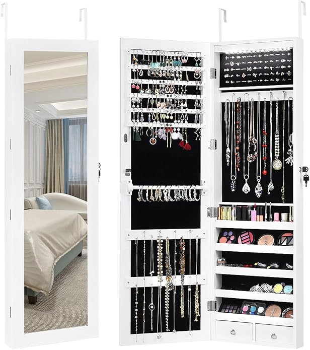 GOPLUS Schmuckschrank mit LED, Schmuckregal Türmontage & Wandmontage