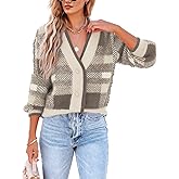 Imily Bela Womens Cardigan Sweaters Plaid Fuzzy Knit V Neck Button Down Long Sleeve Cozy Cardigans Pullover Tops