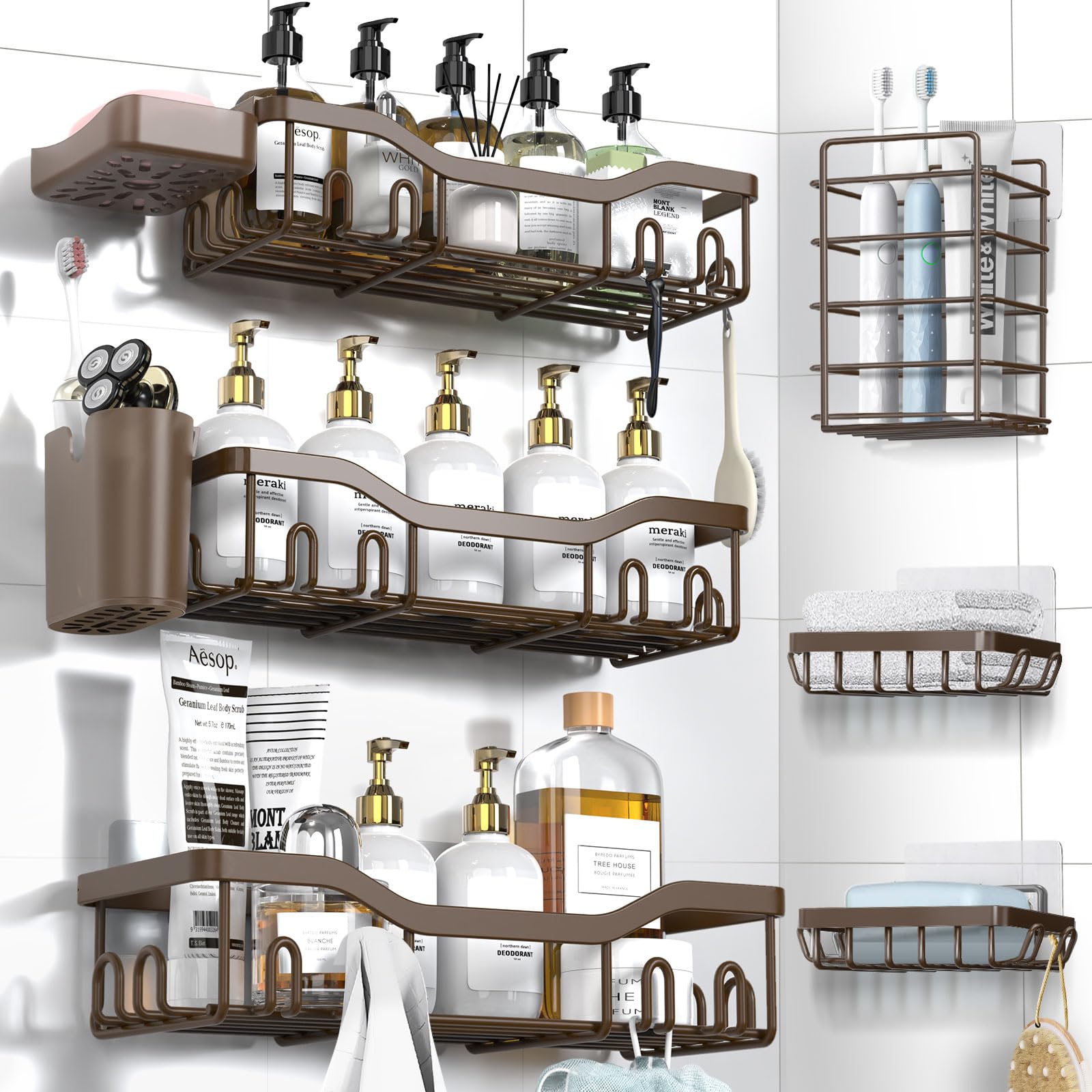 NESOMI Shower Caddy Adhesive Shower Organizer 8-Pack, Rustproof Stainless Steel Bathroom Shelves, Large Capacity No-Drill Rack Storage Accessories with Soap Dish Toothbrush Holder Hooks Image