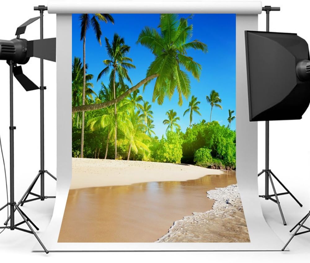 Aisnyho Tropical Beach Photo Backdrop Summer Sunshine Sea Blue Sky Tree Background Natural Beach Backdrops for Photography Studio Booth Wedding Props 5x 7ft