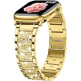 Sixmoat Bling Diamond Metal Band Compatible with Apple Watch Band for Women 42mm 44mm 45mm 46mm 49mm, Dressy Pattern Replacement Bracelet for iWatch Ultra SE Series 11 10 9 8 7 6 5 4 3 (Gold)