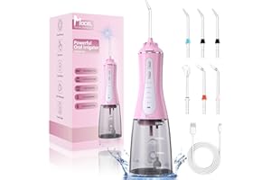 MOCEL Water Dental Flosser Oral Irrigator with 5 Modes, 350ml Cordless Water Teeth Cleaner Pick 6 Tips, IPX7 Waterproof Porta