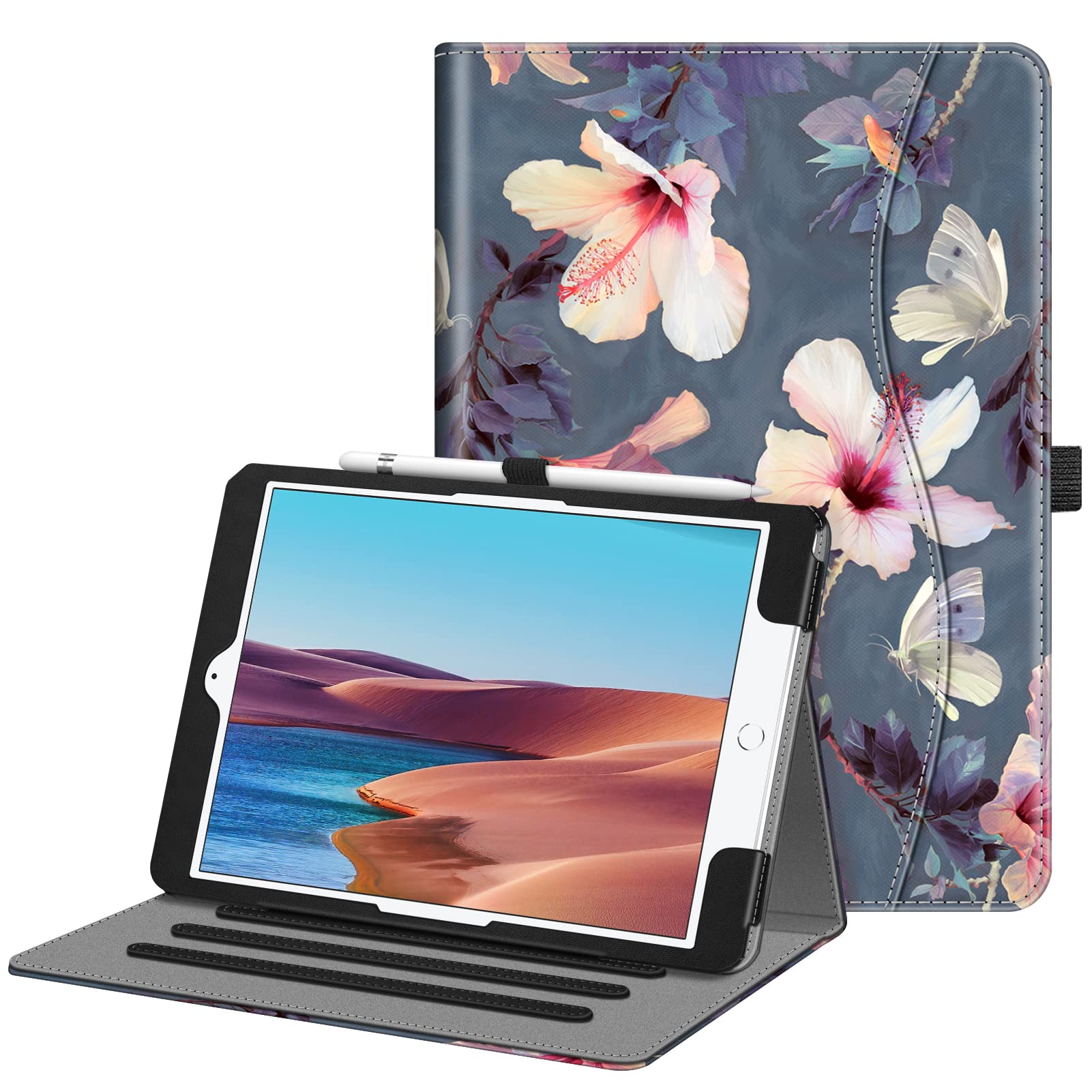 FINTIE Case for iPad 9th / 8th / 7th Generation (2021/2020/2019) 10.2 Inch - [Corner Protection] Multi-Angle Viewing Stand Cover with Pocket & Pencil Holder, Auto Wake Sleep, Blooming Hibiscus — image 1