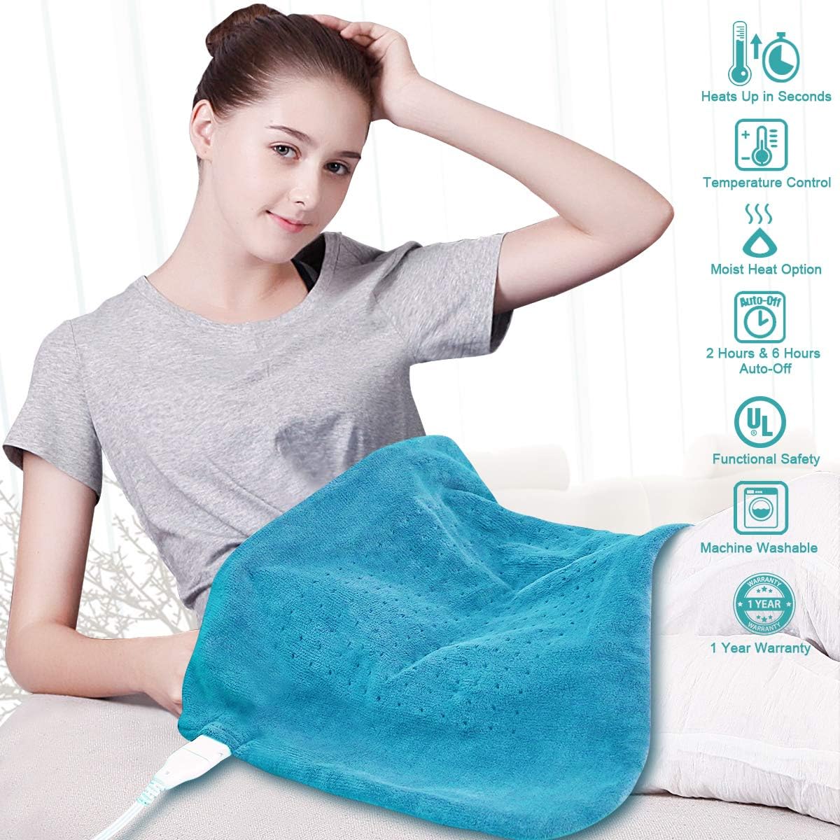 Tech Love XXL Electric Heating Pad for Neck Shoulder and Back Pain Relief with Fixation Strap Moist Heat Pad with Auto Shut Off Extra Large 20'' x 28'' - Maya Blue: Health & Personal Care