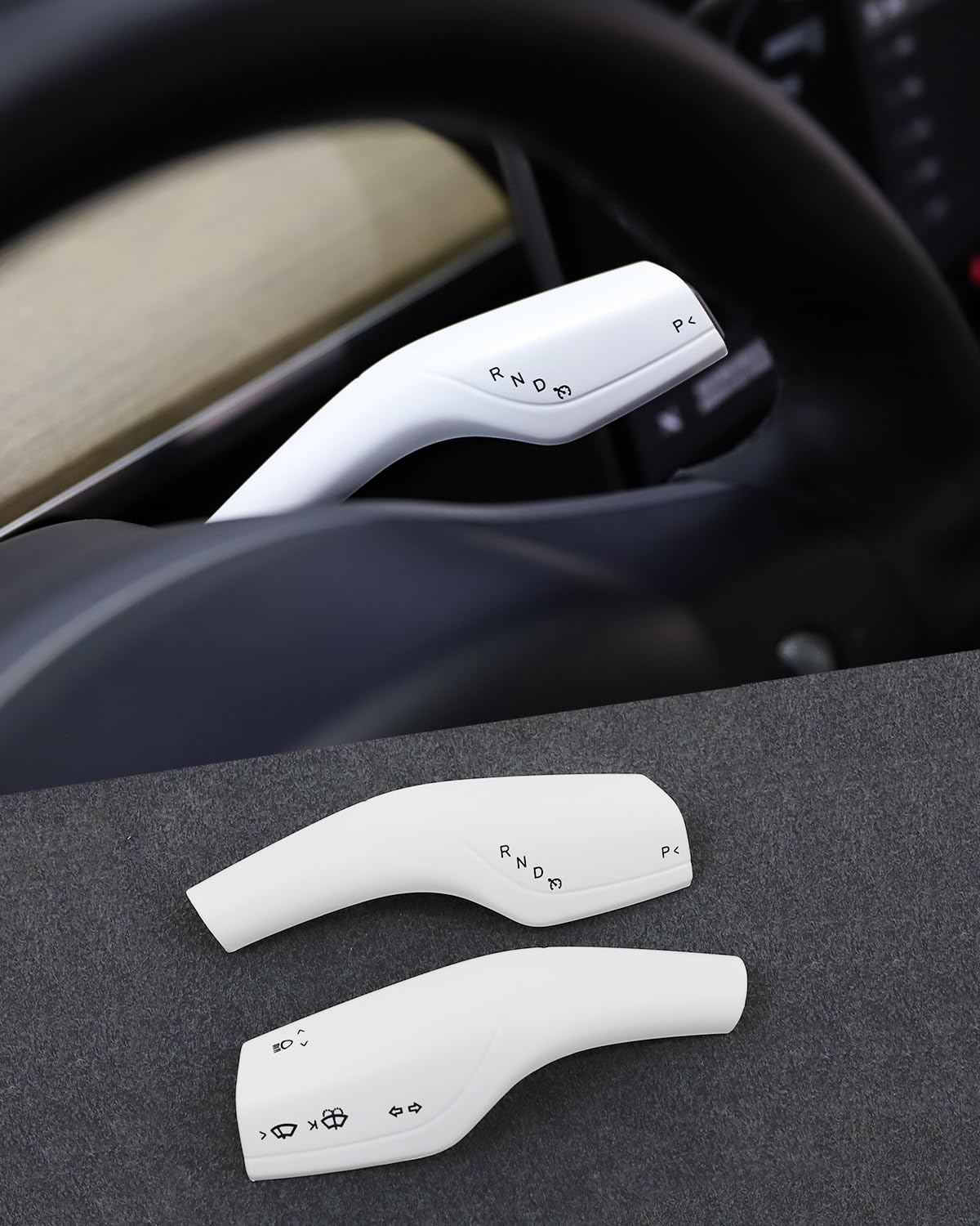 Photo 1 of KKTR-CAR Real Carbon Fiber Steering Lever Cover, 2pcs Gear Shift Lever Cover Compatible with Tesla Model 3/Y (2pcs, ABS White)